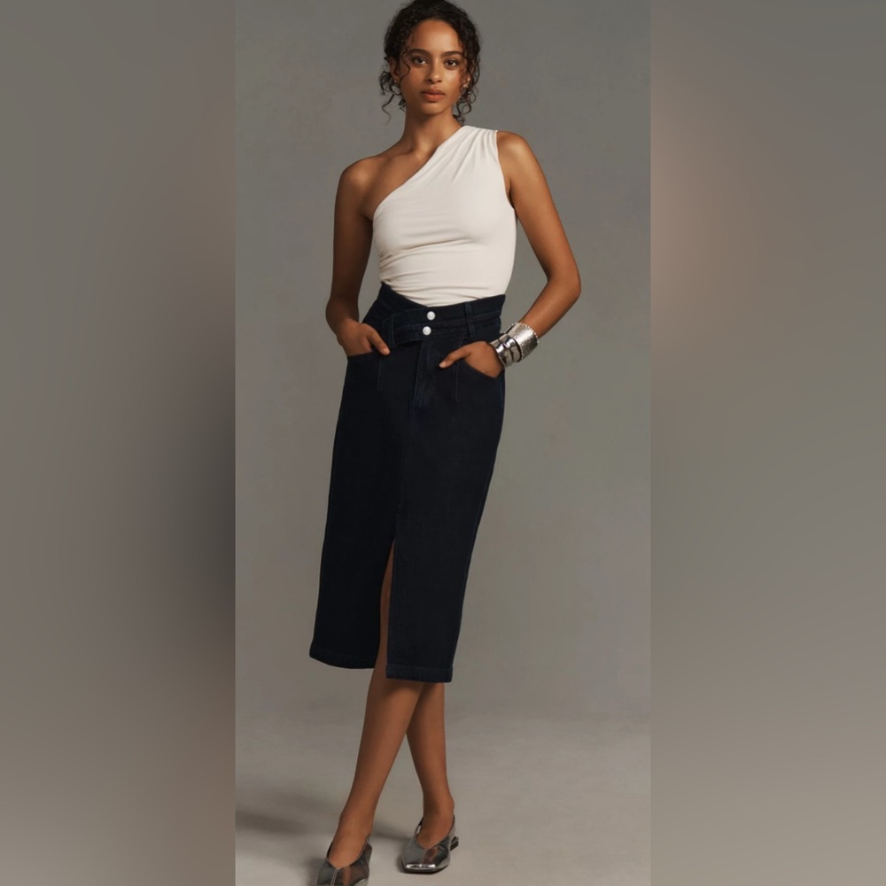 The Arden Double-Waist Midi Denim Skirt by Pilcro